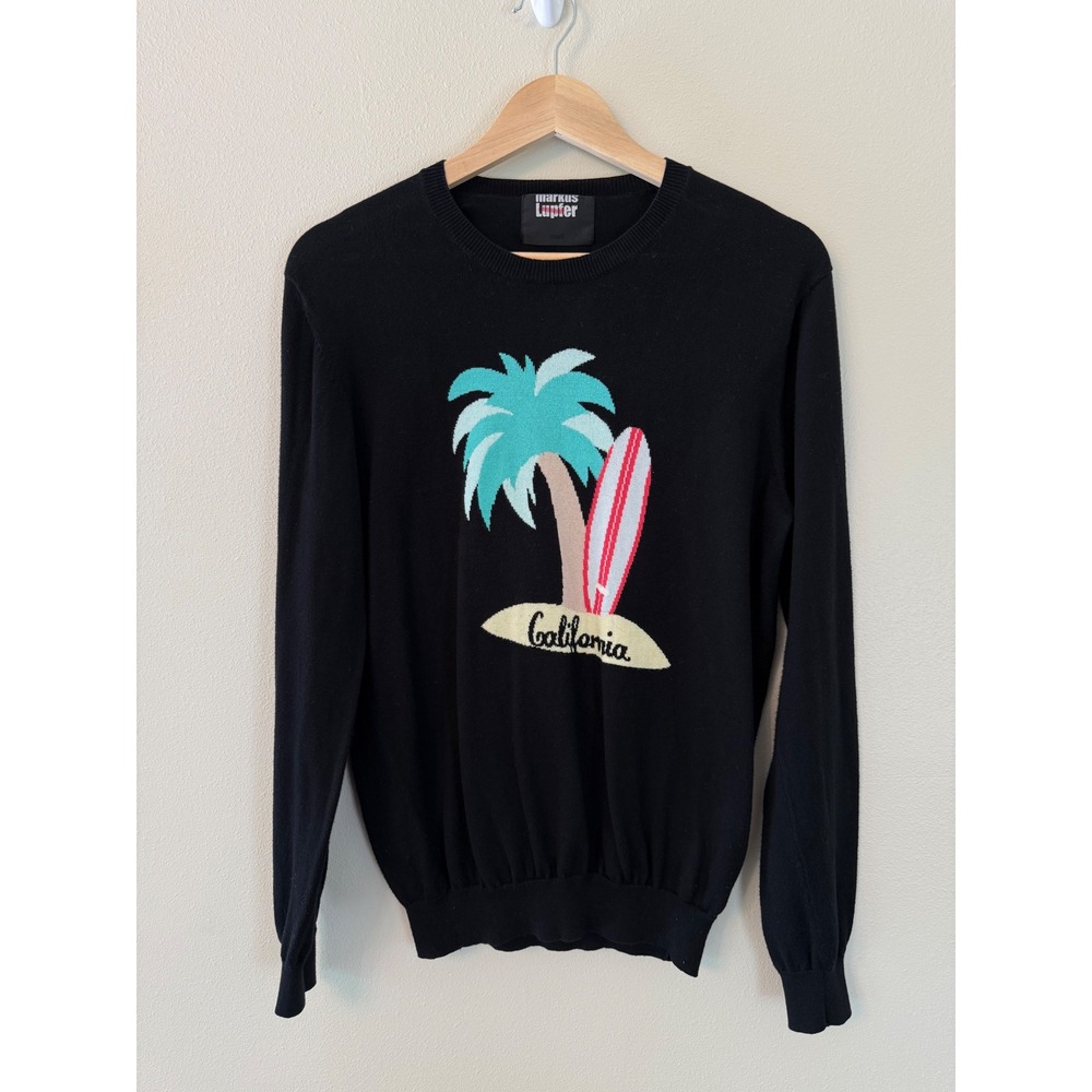 Markus Lupfer California Palm Tree Intarsia Cotton Sweater Small Black